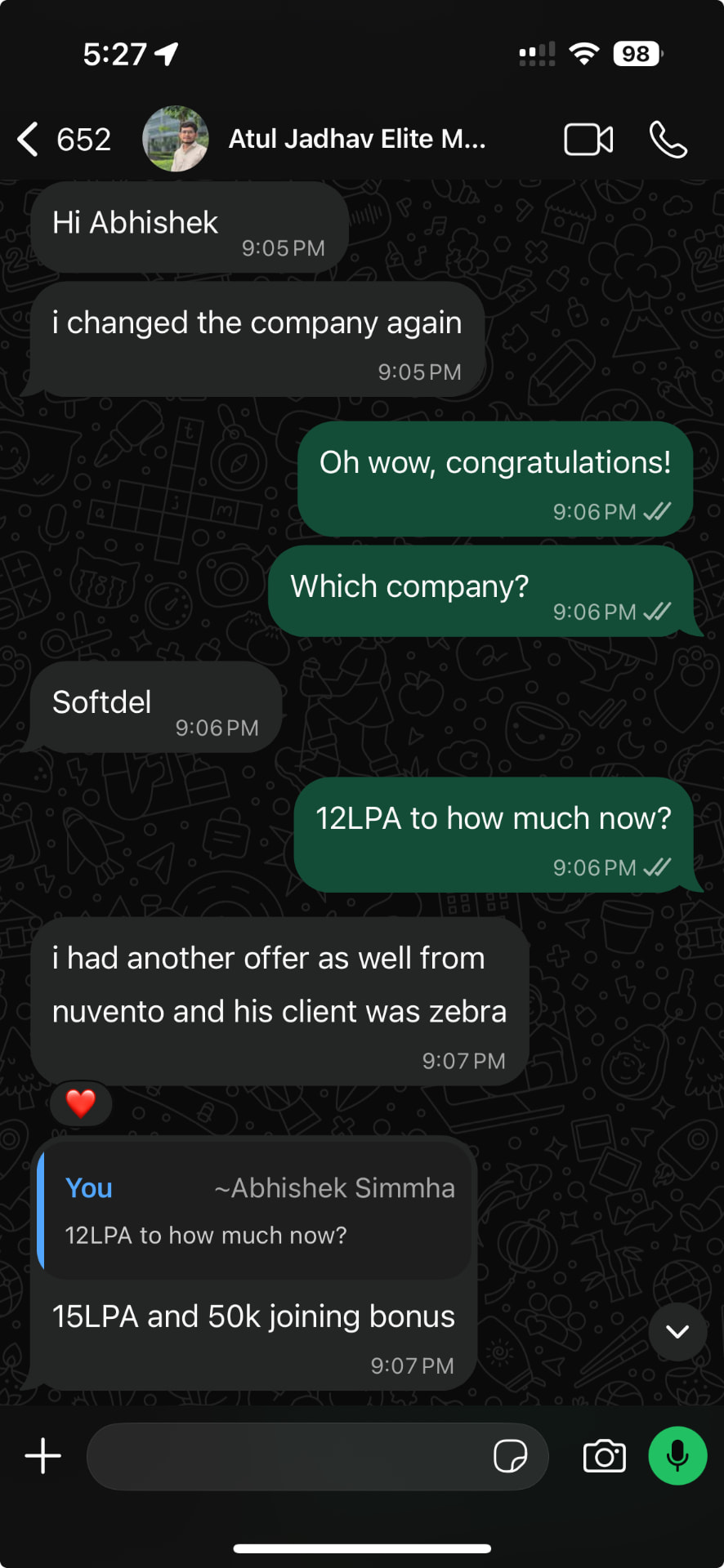 Atul Jadhav · 15 LPA + Joining Bonus - WhatsApp update