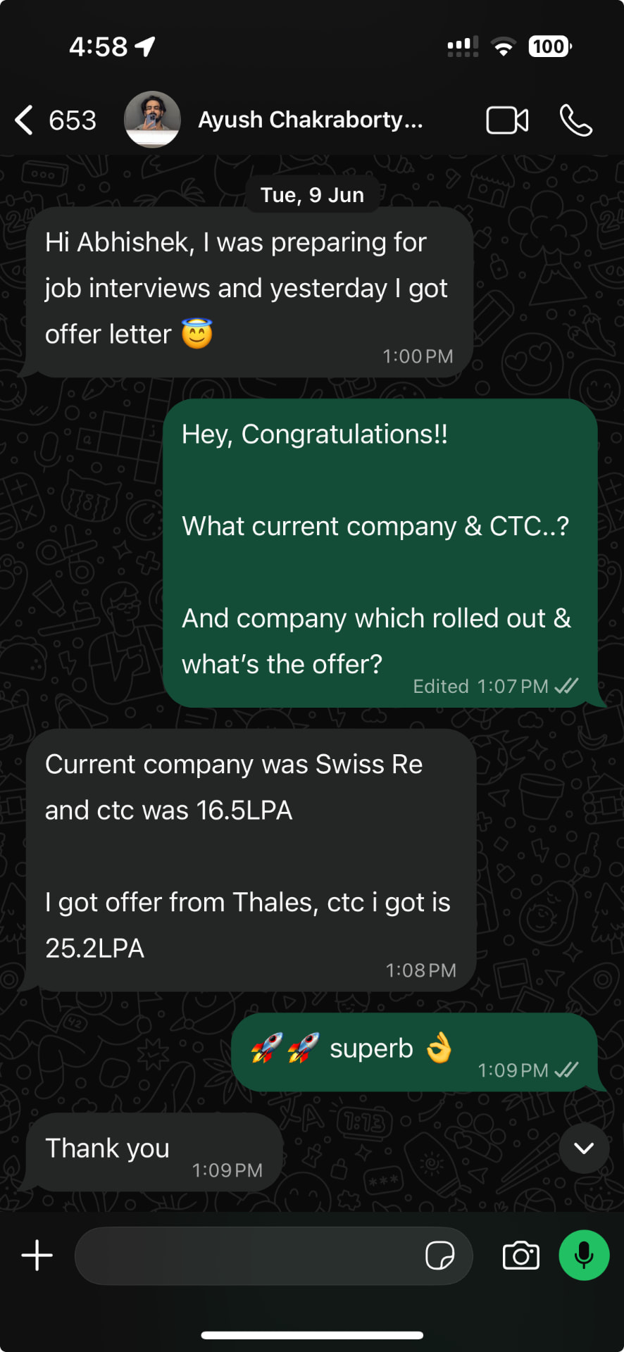 Ayush Chakraborty · 16.5 → 25.2 LPA - WhatsApp update