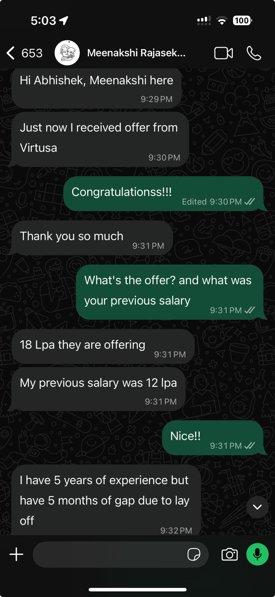 Meenakshi · 12 → 18 LPA - WhatsApp update
