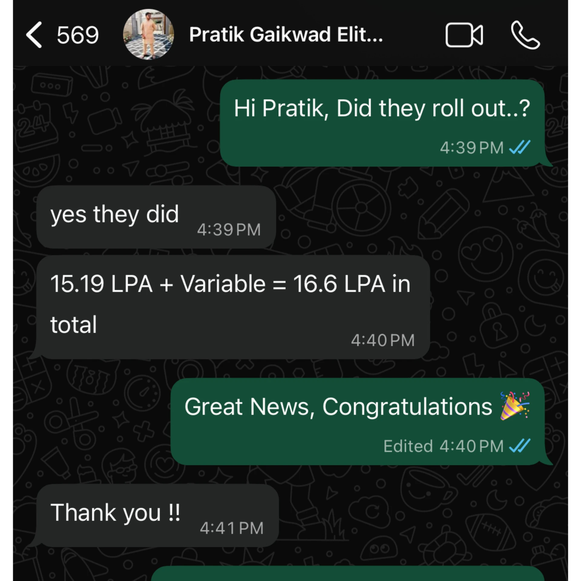 Pratik Gaikwad · 16.6 LPA Offer - WhatsApp update