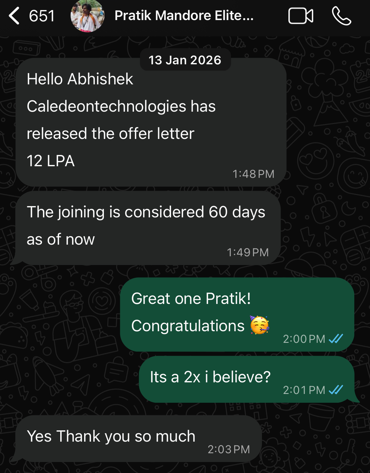 Pratik Mandore · 12 LPA Offer - WhatsApp update