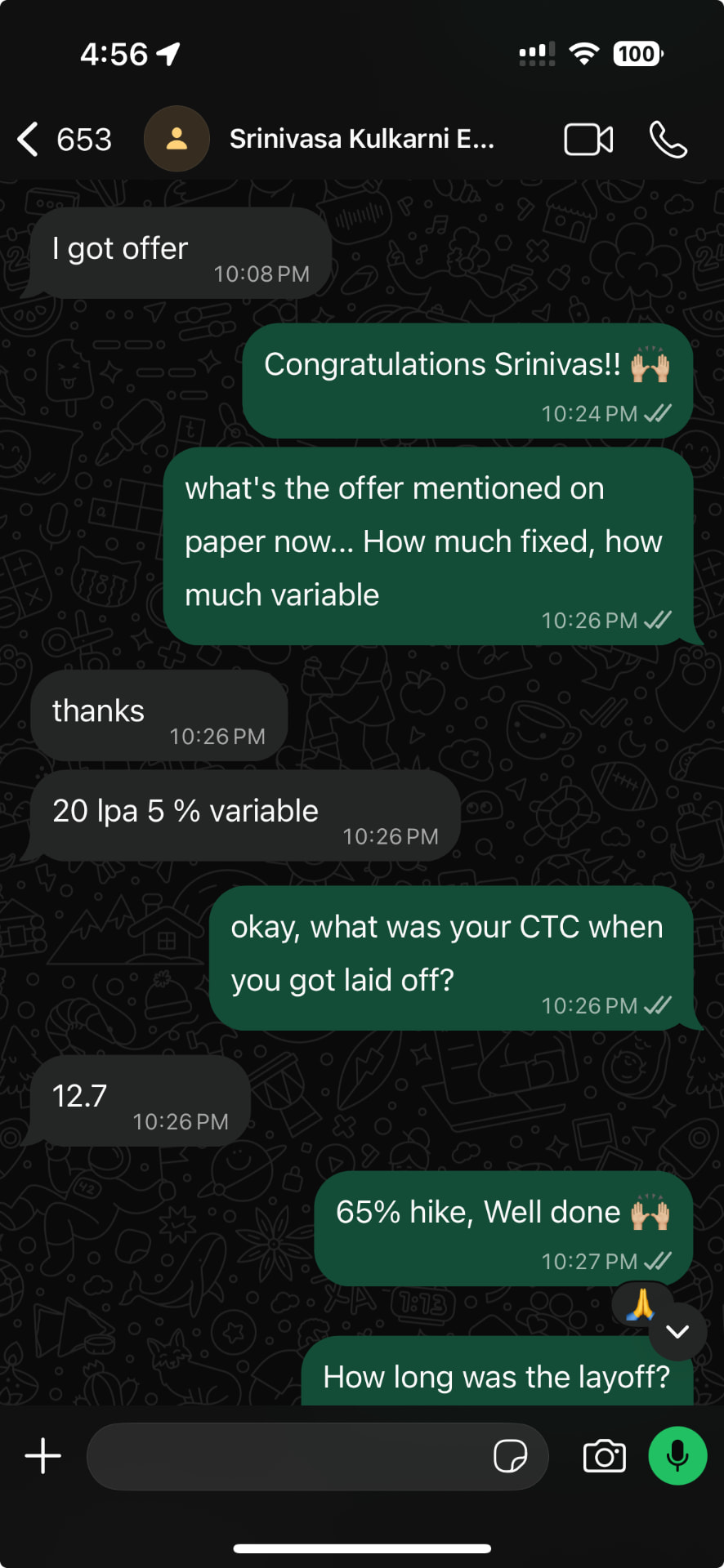 Srinivasa Kulkarni · 12.7 → 20 LPA - WhatsApp update